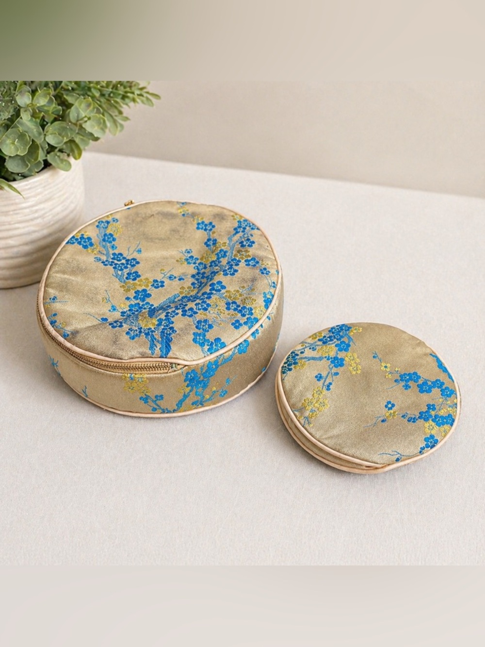 Vintage 1960s Gold & Blue Floral Round Cosmetic Bag Set | Satin Brocade